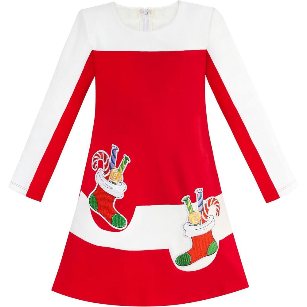 imageSunny Fashion Girls Dress Long Sleeve Daisy Flower Striped Casual CottonRed Candy Cane