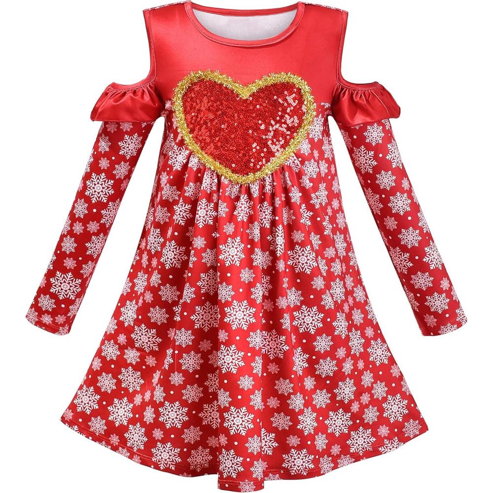 imageSunny Fashion Girls Dress Long Sleeve Daisy Flower Striped Casual CottonRed Heart Snow