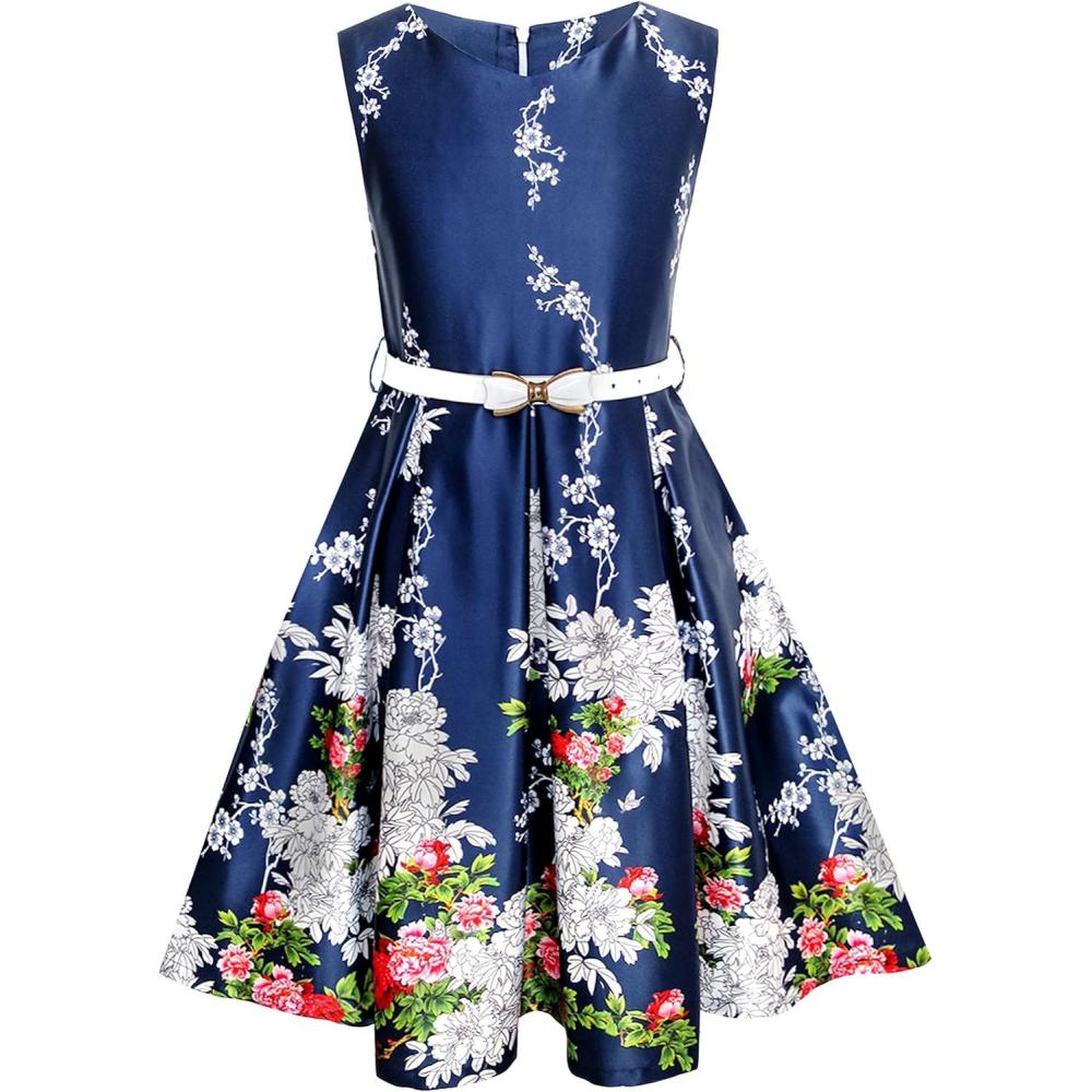imageSunny Fashion Girls Dress Navy Blue Flower Belt Vintage Party Size 614Blue