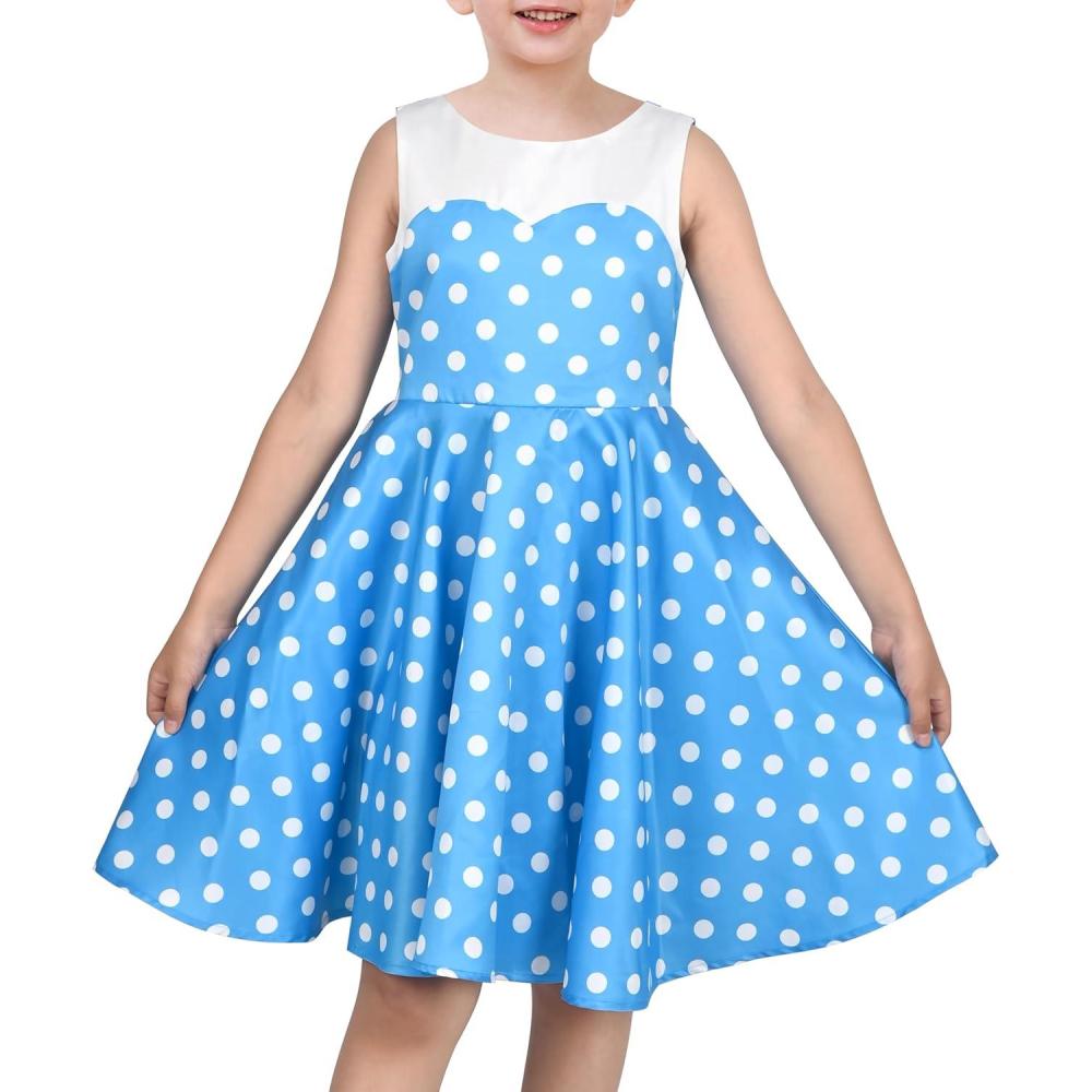 imageSunny Fashion Girls Dress Navy Blue Flower Belt Vintage Party Size 614Blue Polka Dot