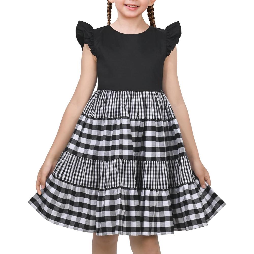 imageSunny Fashion Girls Dress ONeck Backless Smocked Embroidery Ruffle Vintage SleevelessBlack Plaid
