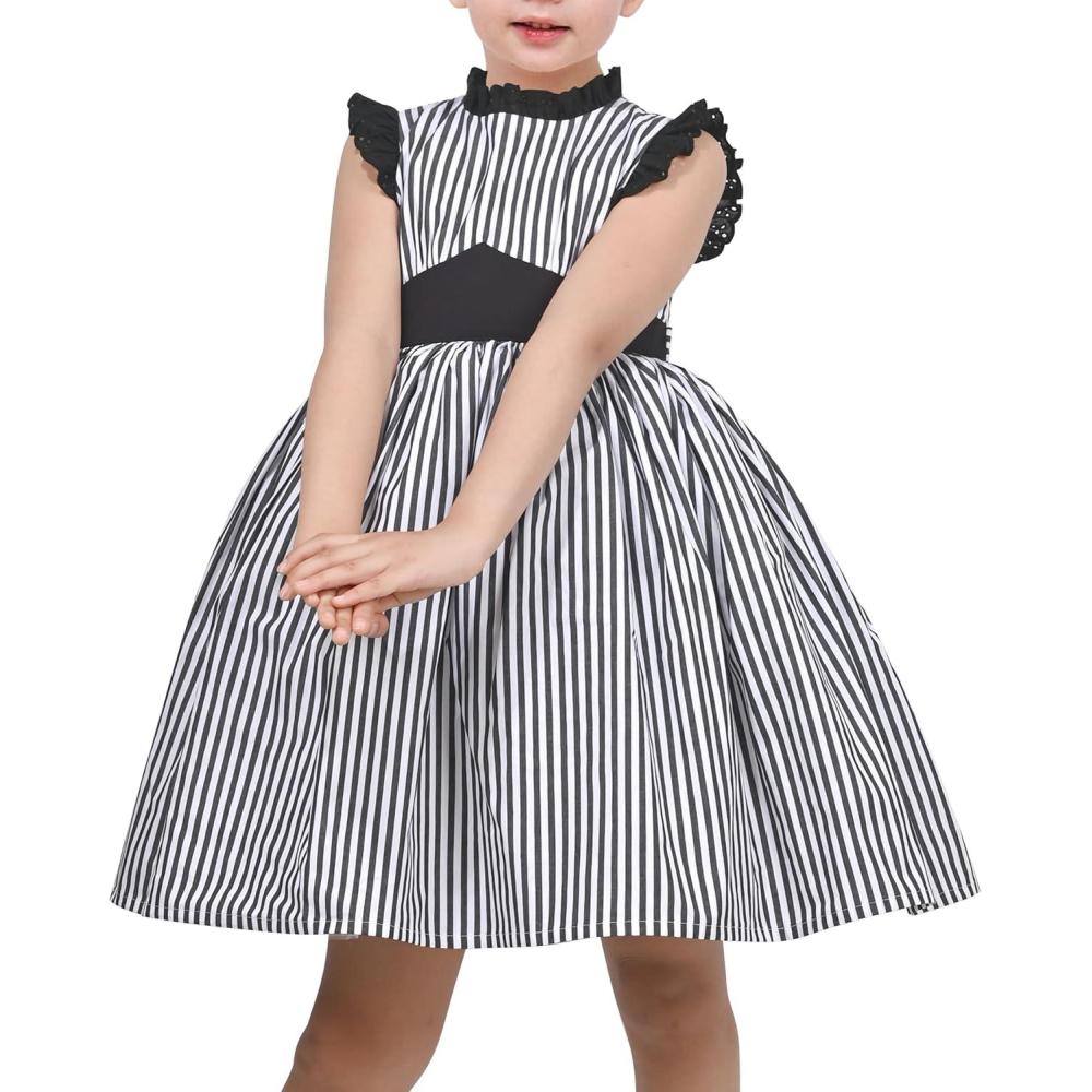 imageSunny Fashion Girls Dress ONeck Backless Smocked Embroidery Ruffle Vintage SleevelessBlack Striped