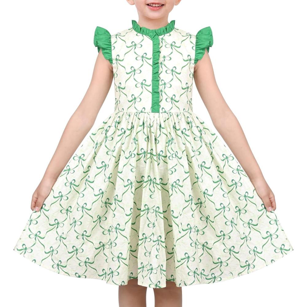 imageSunny Fashion Girls Dress ONeck Backless Smocked Embroidery Ruffle Vintage SleevelessGreen