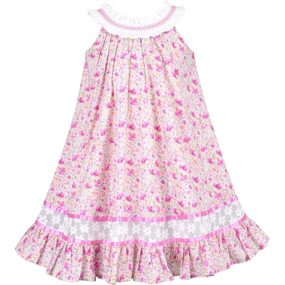 imageSunny Fashion Girls Dress ONeck Backless Smocked Embroidery Ruffle Vintage SleevelessPink