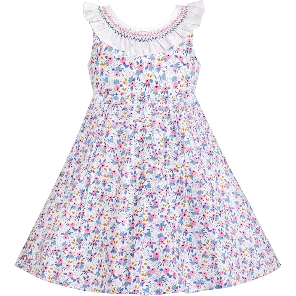 imageSunny Fashion Girls Dress ONeck Backless Smocked Embroidery Ruffle Vintage SleevelessPurple