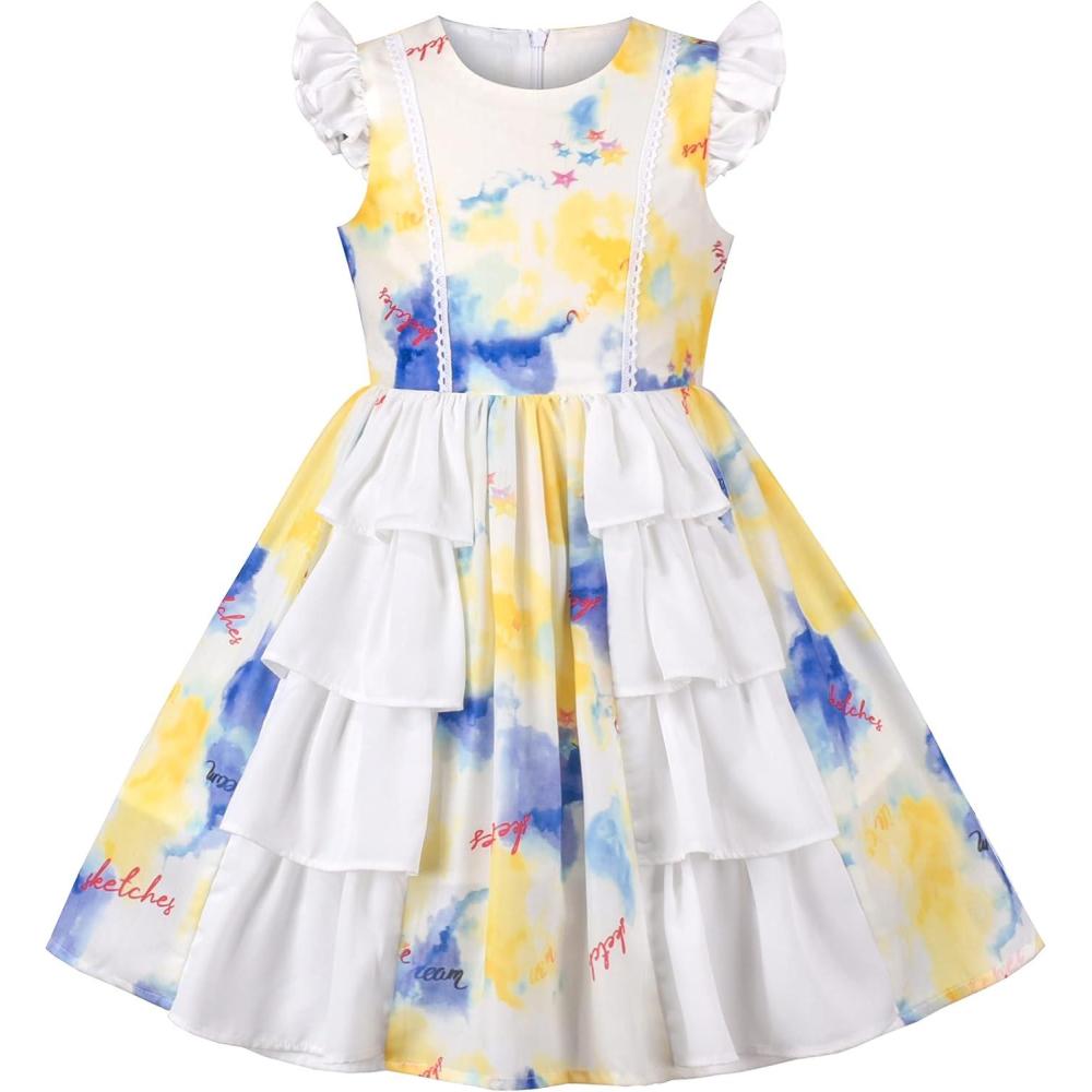imageSunny Fashion Girls Dress Polka Dot Overlap Design with Trim Yellow Size 410Blue Yellow