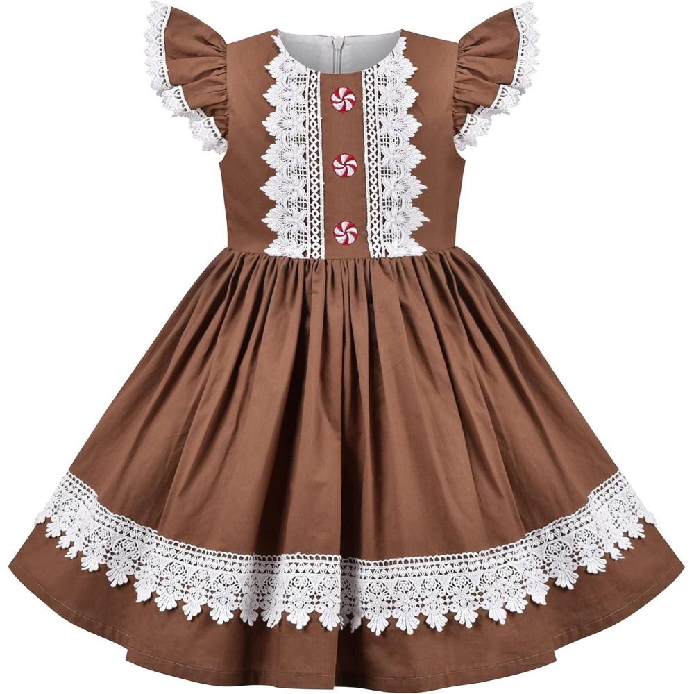 imageSunny Fashion Girls Dress Polka Dot Overlap Design with Trim Yellow Size 410Brown Lace