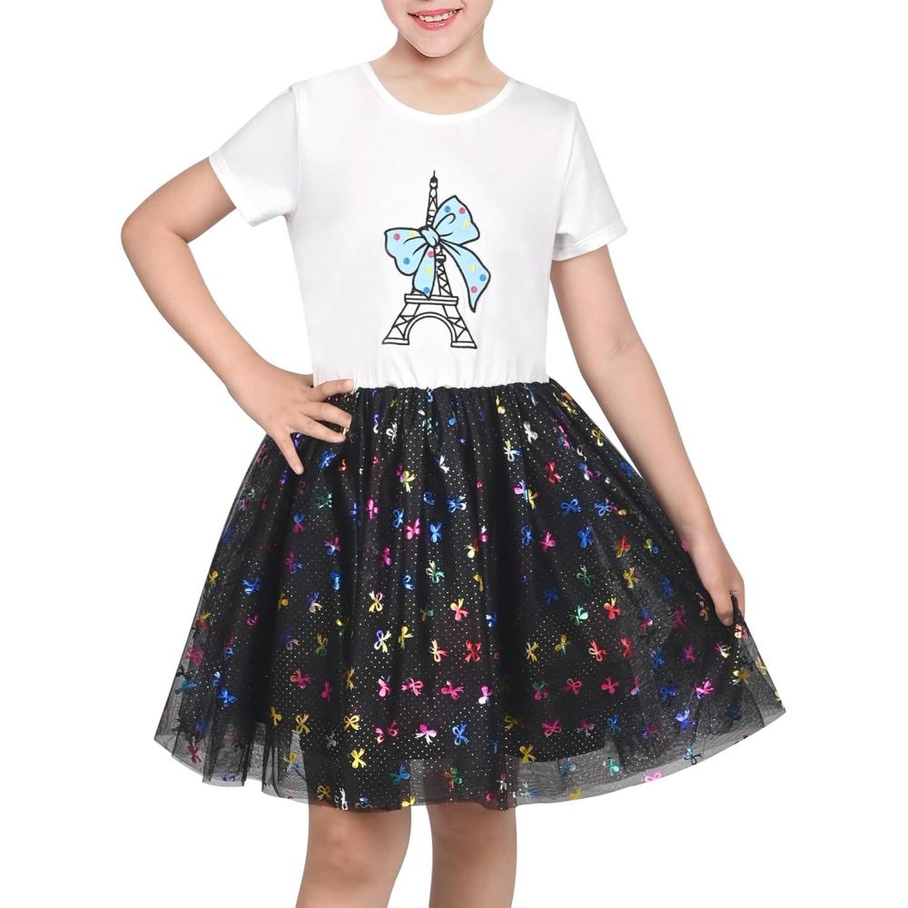 imageSunny Fashion Girls Dress Purple Short Sleeve Rainbow Tulle Skirt Birthday PartyBlack Eiffel Tower
