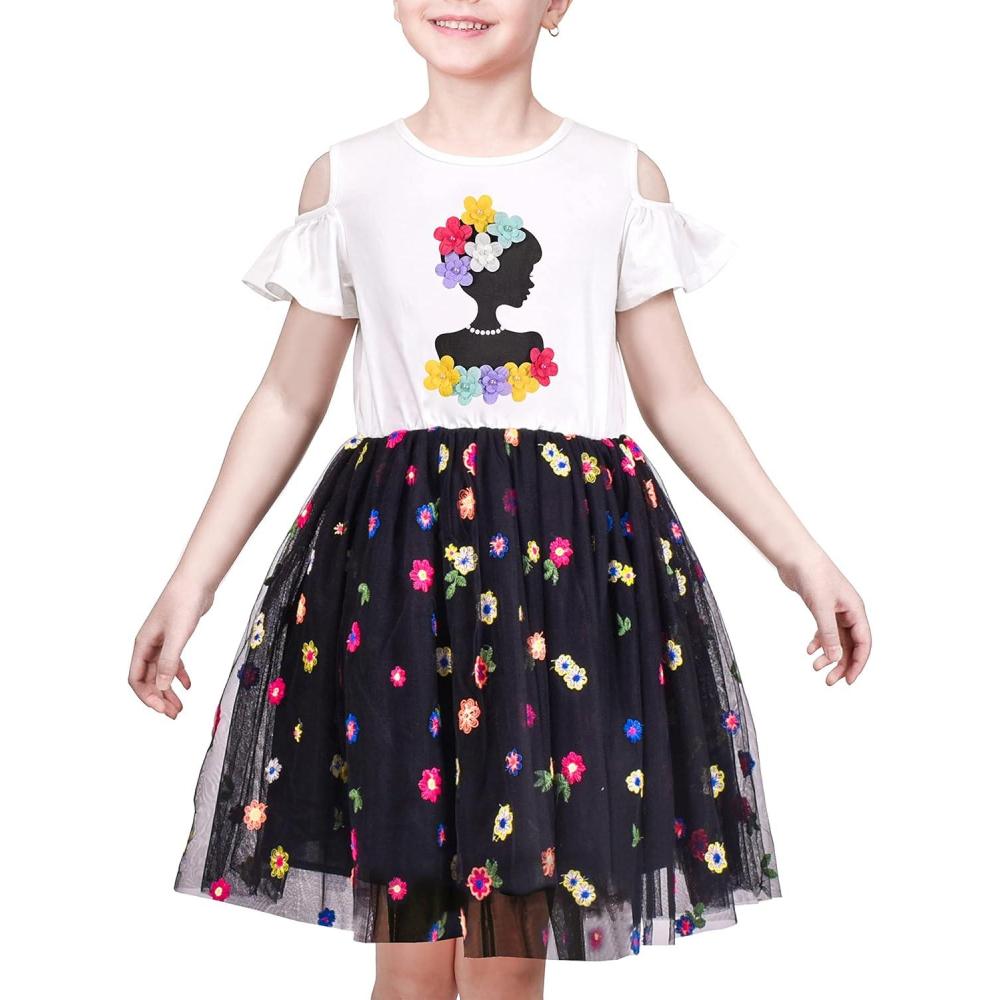 imageSunny Fashion Girls Dress Purple Short Sleeve Rainbow Tulle Skirt Birthday PartyBlack Flowers