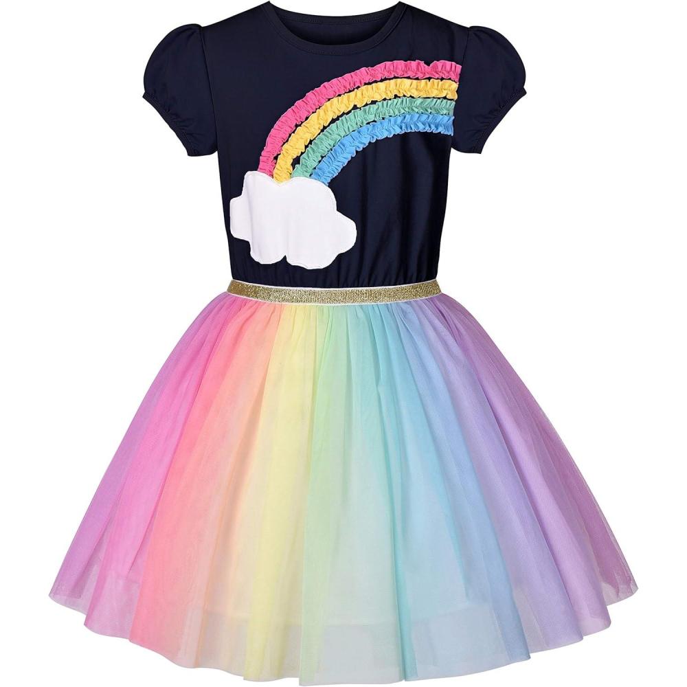 imageSunny Fashion Girls Dress Purple Short Sleeve Rainbow Tulle Skirt Birthday PartyBlue