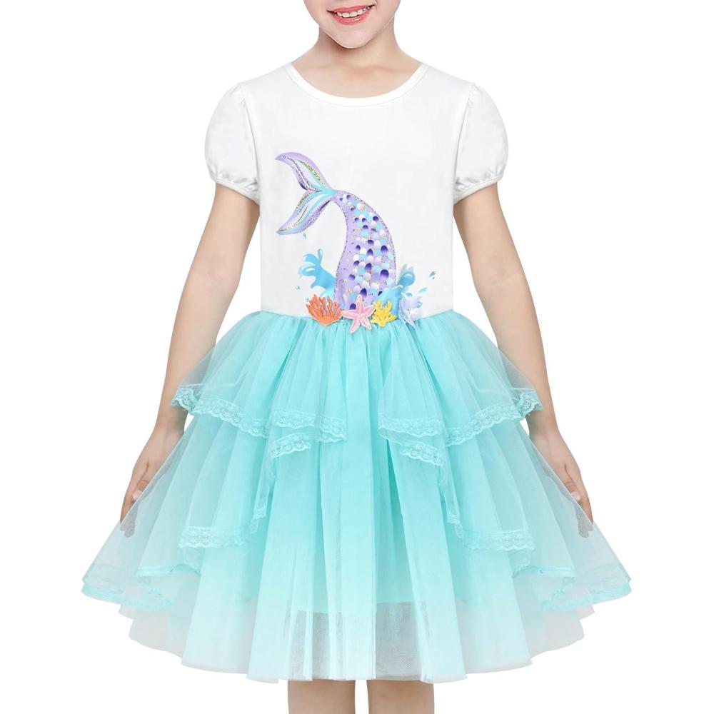 imageSunny Fashion Girls Dress Purple Short Sleeve Rainbow Tulle Skirt Birthday PartyBlue Mermaid