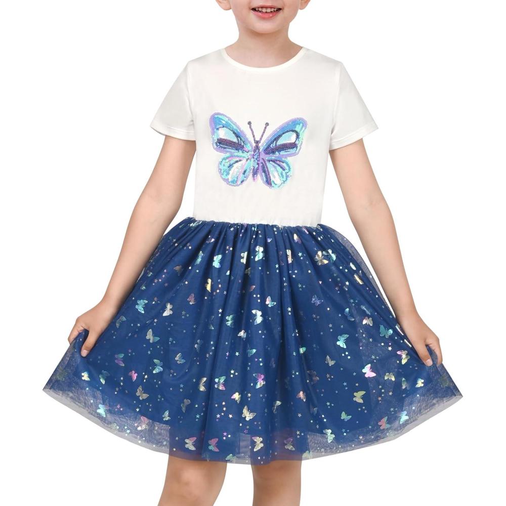 imageSunny Fashion Girls Dress Purple Short Sleeve Rainbow Tulle Skirt Birthday PartyBlue Sequin Butterfly