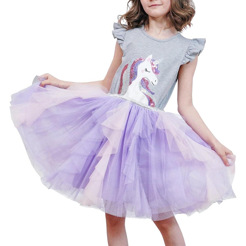 imageSunny Fashion Girls Dress Purple Short Sleeve Rainbow Tulle Skirt Birthday PartyGrey Unicorn