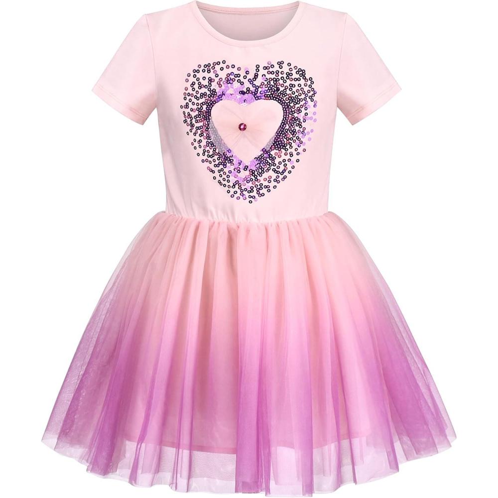 imageSunny Fashion Girls Dress Purple Short Sleeve Rainbow Tulle Skirt Birthday PartyPink Gradient