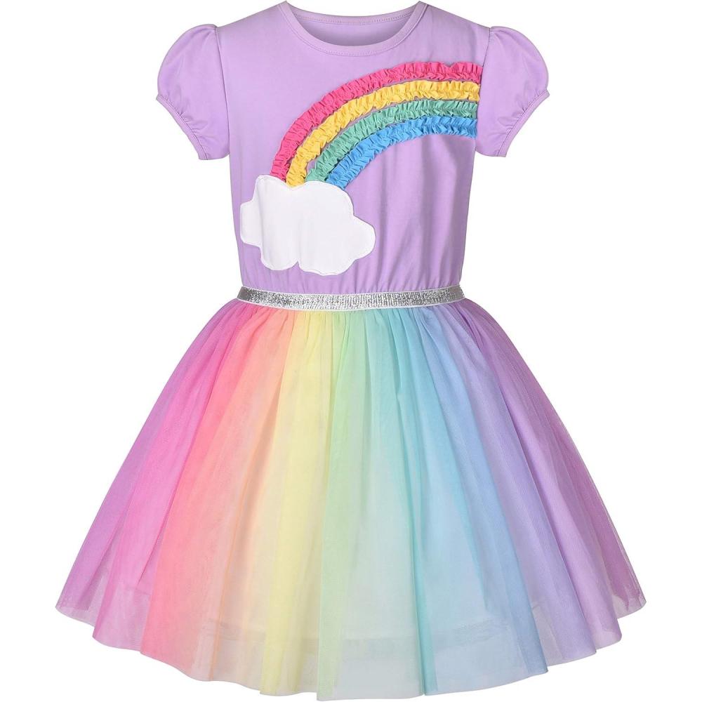 imageSunny Fashion Girls Dress Purple Short Sleeve Rainbow Tulle Skirt Birthday PartyPurple Rainbow