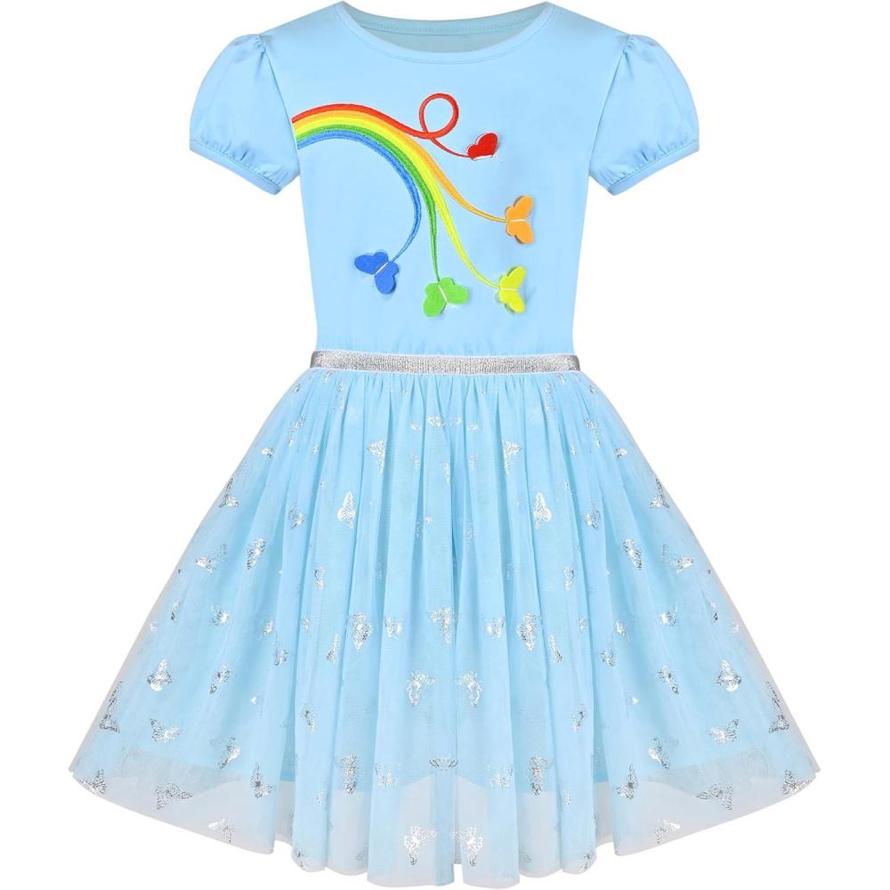 imageSunny Fashion Girls Dress Purple Short Sleeve Rainbow Tulle Skirt Birthday PartySky Blue