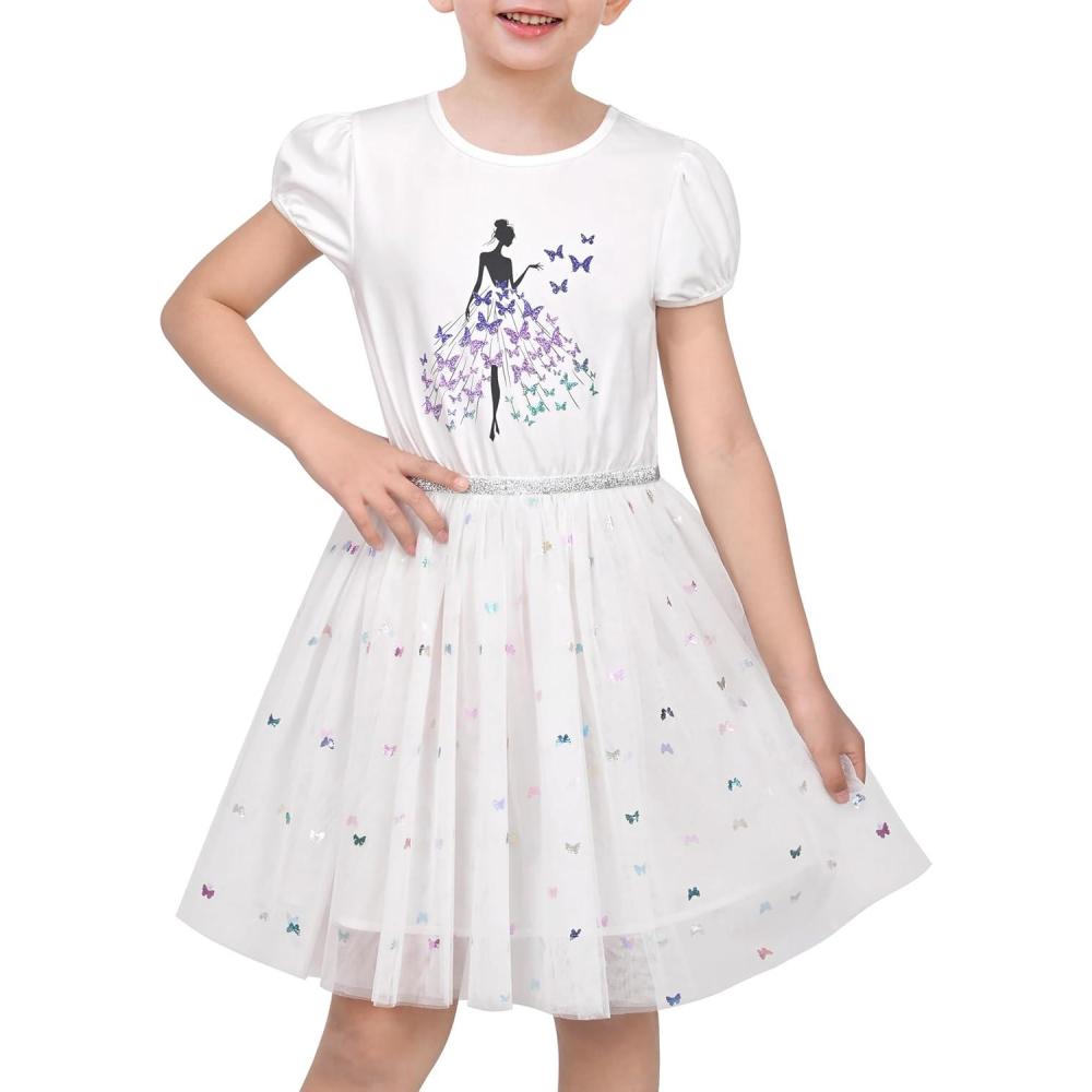 imageSunny Fashion Girls Dress Purple Short Sleeve Rainbow Tulle Skirt Birthday PartyWhite Butterfly