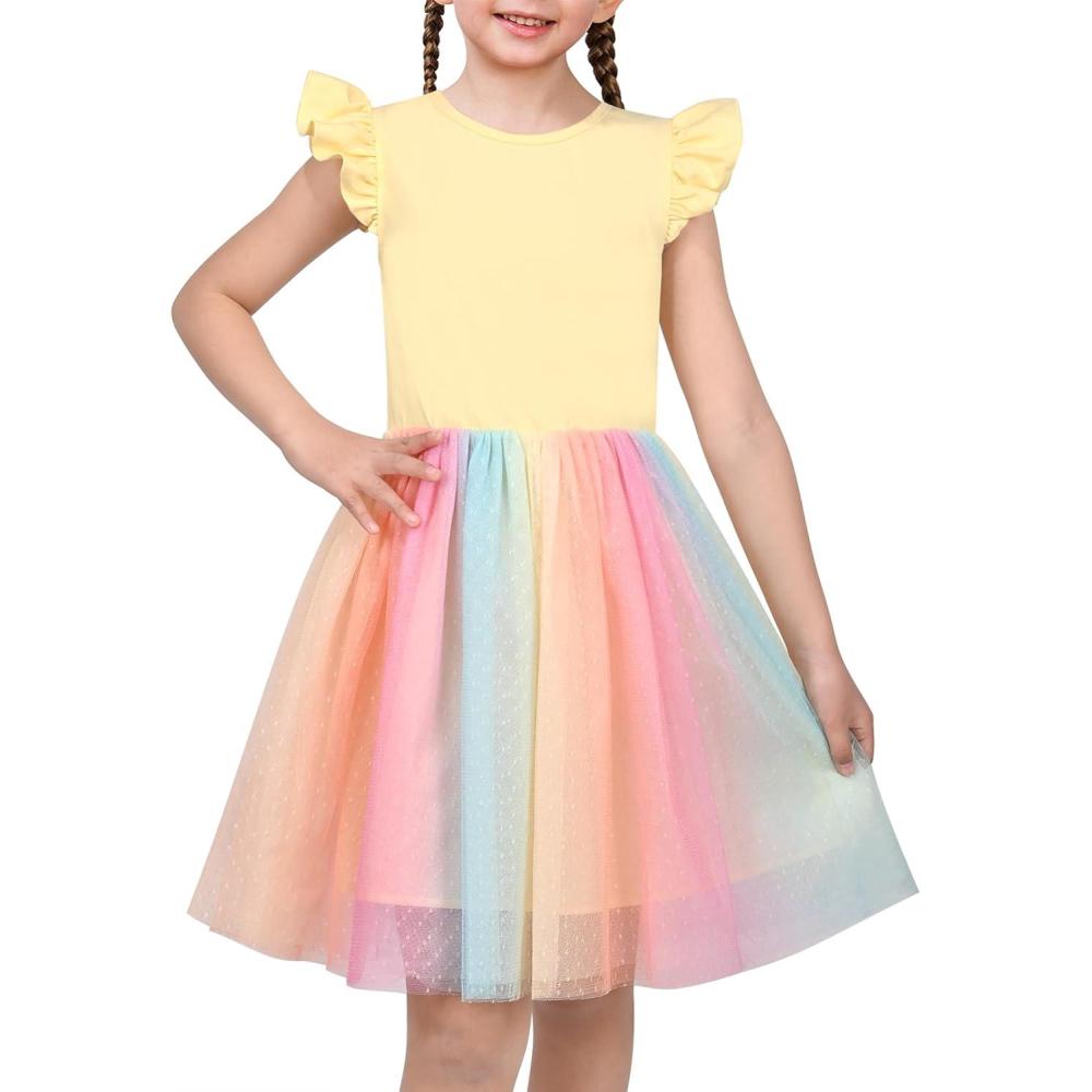 imageSunny Fashion Girls Dress Purple Short Sleeve Rainbow Tulle Skirt Birthday PartyYellow Rainbow
