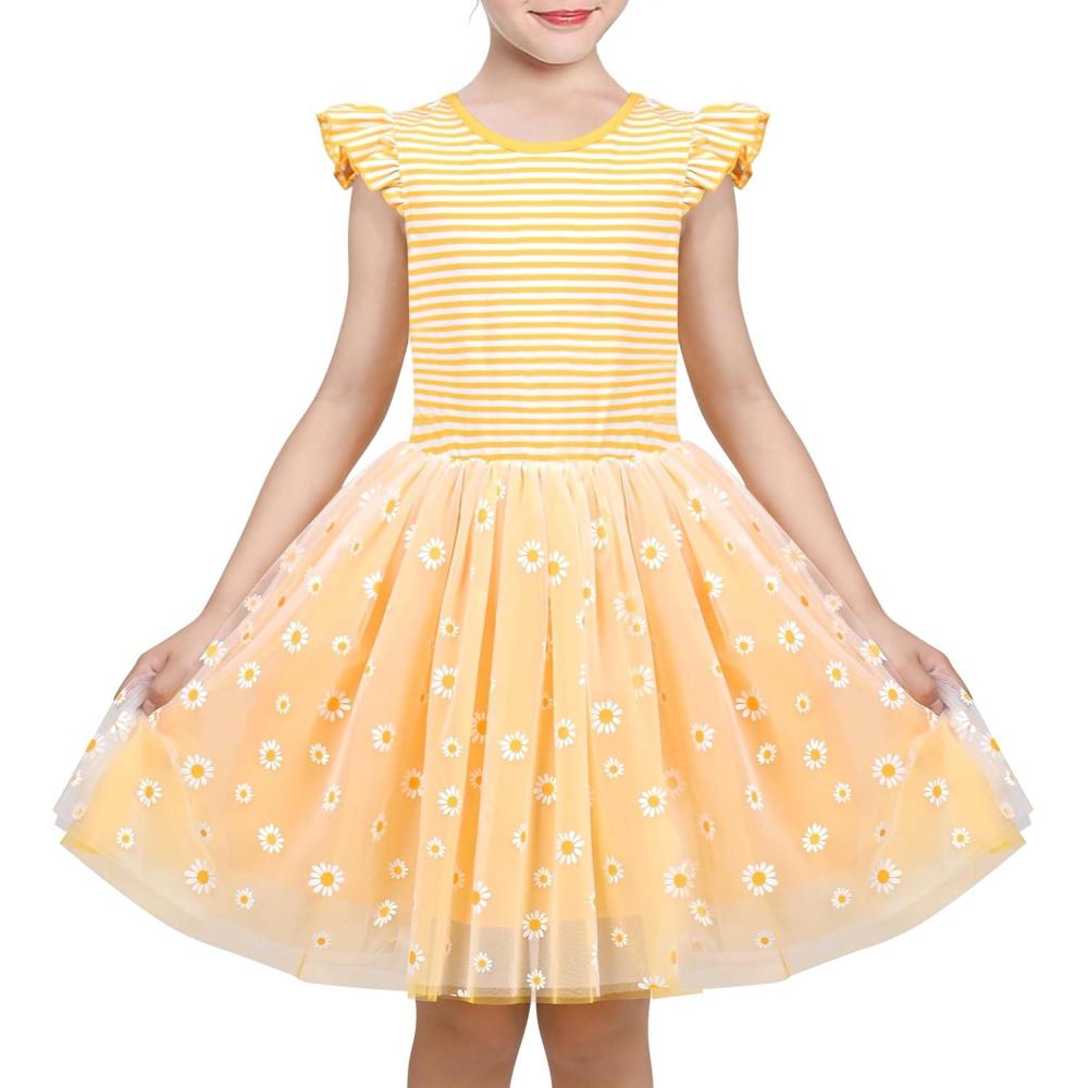 imageSunny Fashion Girls Dress Purple Short Sleeve Rainbow Tulle Skirt Birthday PartyYellow Striped