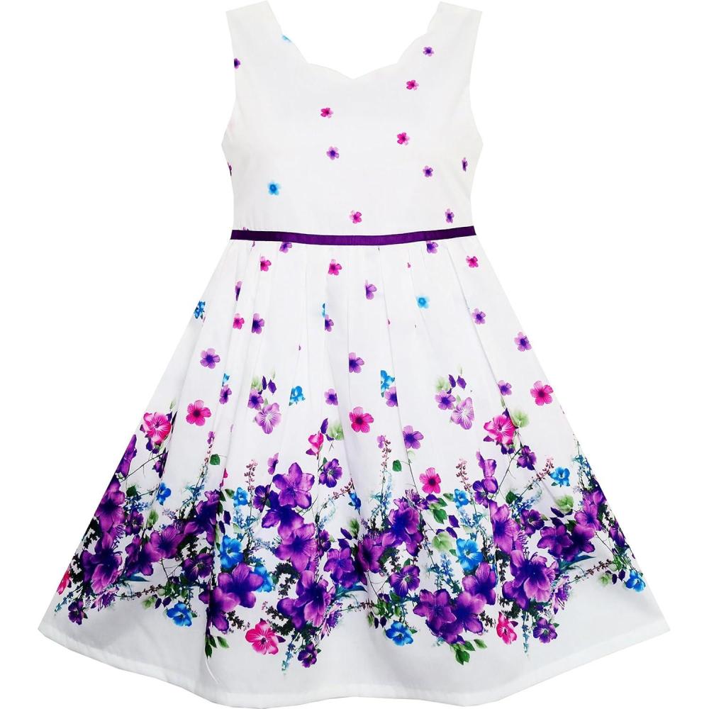 imageSunny Fashion Girls Dress Purple Sunflower Green Leaves Butterfly Size 412PurpleBlue