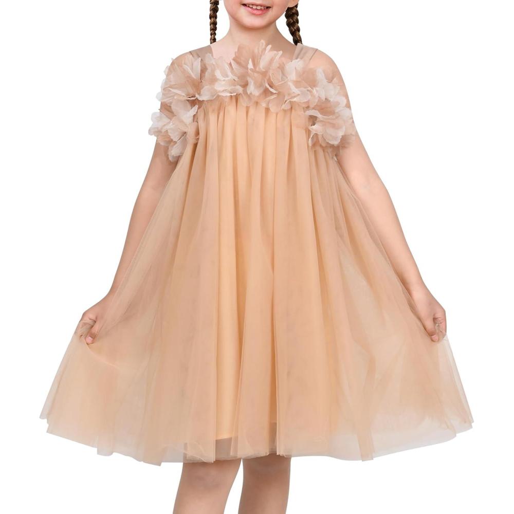 imageSunny Fashion Girls Dress Sleeveless Halter Flower Multi Layer ChiffonBeige 3d Floral