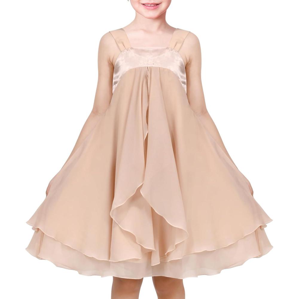 imageSunny Fashion Girls Dress Sleeveless Halter Flower Multi Layer ChiffonBeige