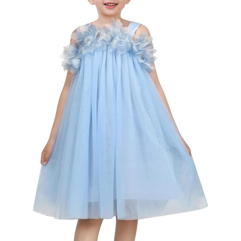 imageSunny Fashion Girls Dress Sleeveless Halter Flower Multi Layer ChiffonBlue 3d Floral