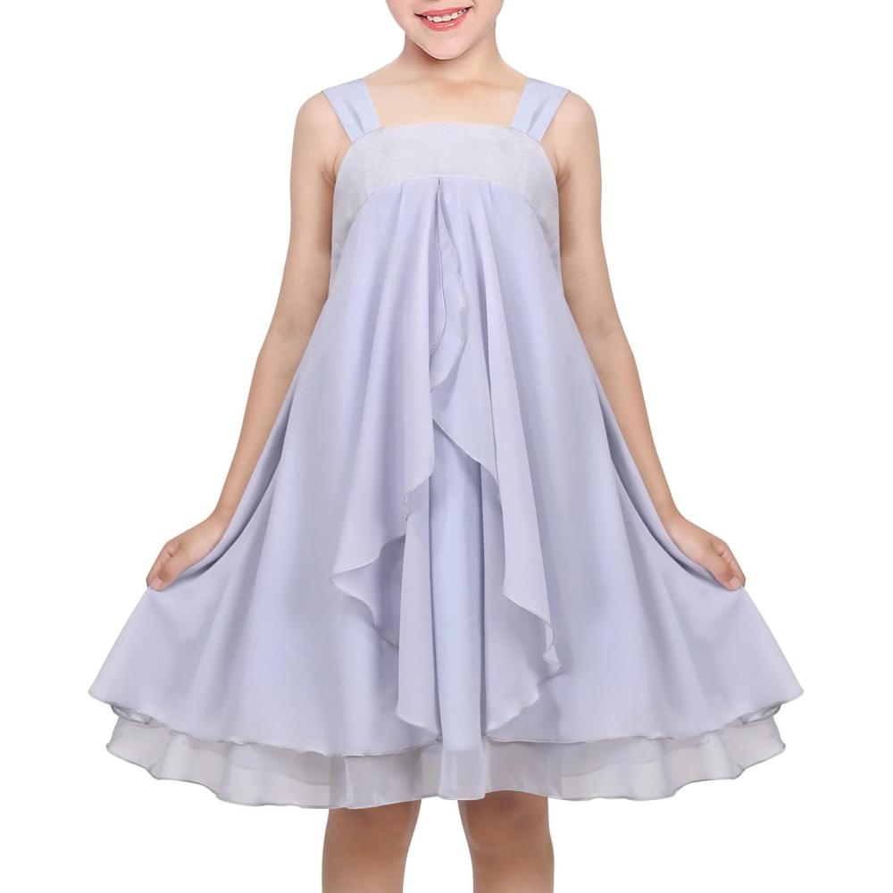 imageSunny Fashion Girls Dress Sleeveless Halter Flower Multi Layer ChiffonBluish Grey