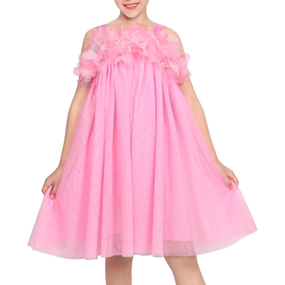 imageSunny Fashion Girls Dress Sleeveless Halter Flower Multi Layer ChiffonPink 3d Floral