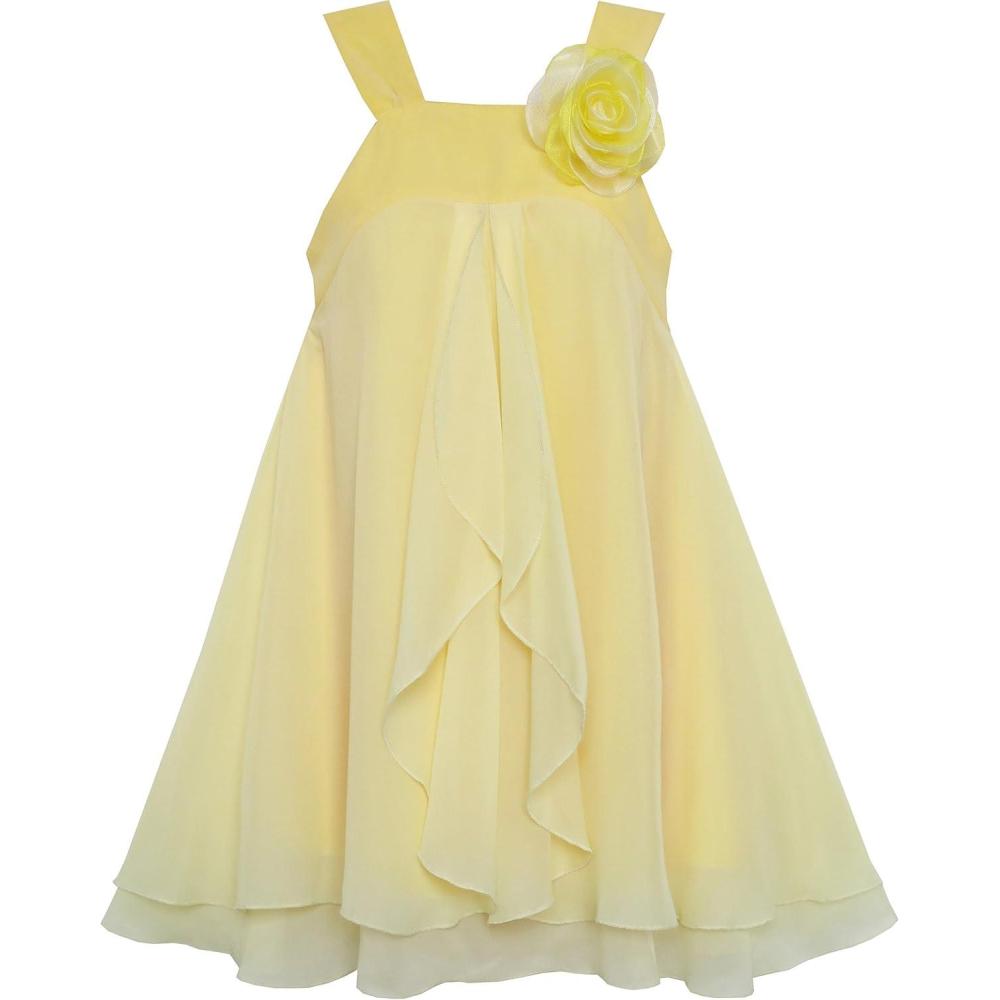 imageSunny Fashion Girls Dress Sleeveless Halter Flower Multi Layer ChiffonYellow