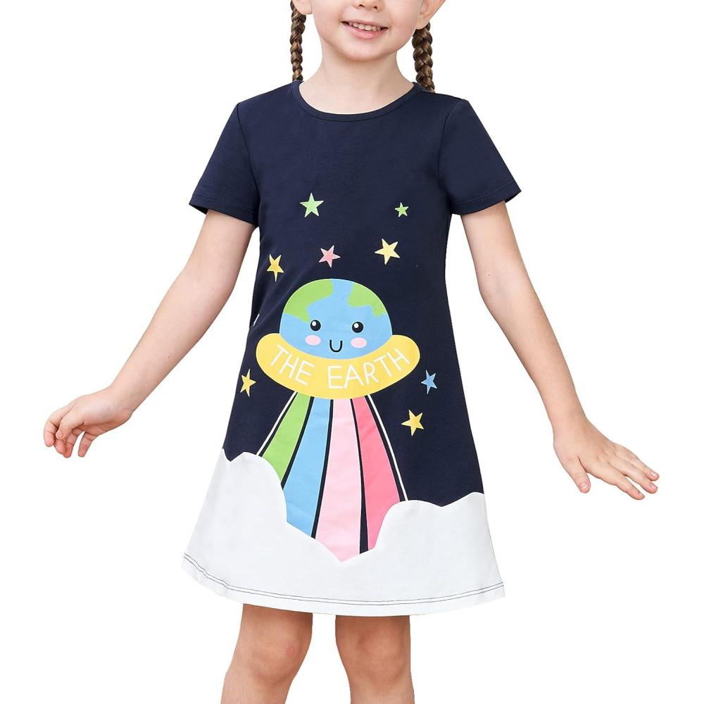 imageSunny Fashion Girls Dress TShirt Cotton Bird Embroidered Short Sleeve Size 26Blue