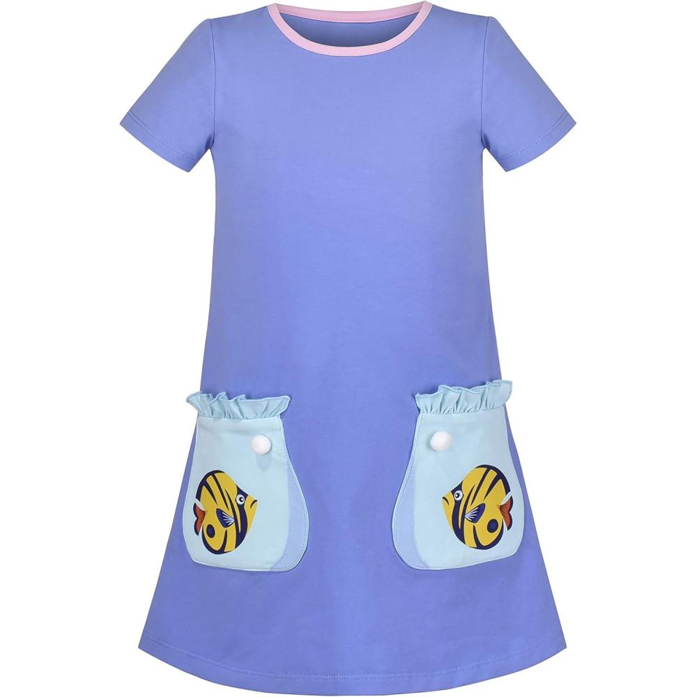 imageSunny Fashion Girls Dress TShirt Cotton Bird Embroidered Short Sleeve Size 26Blue Fish
