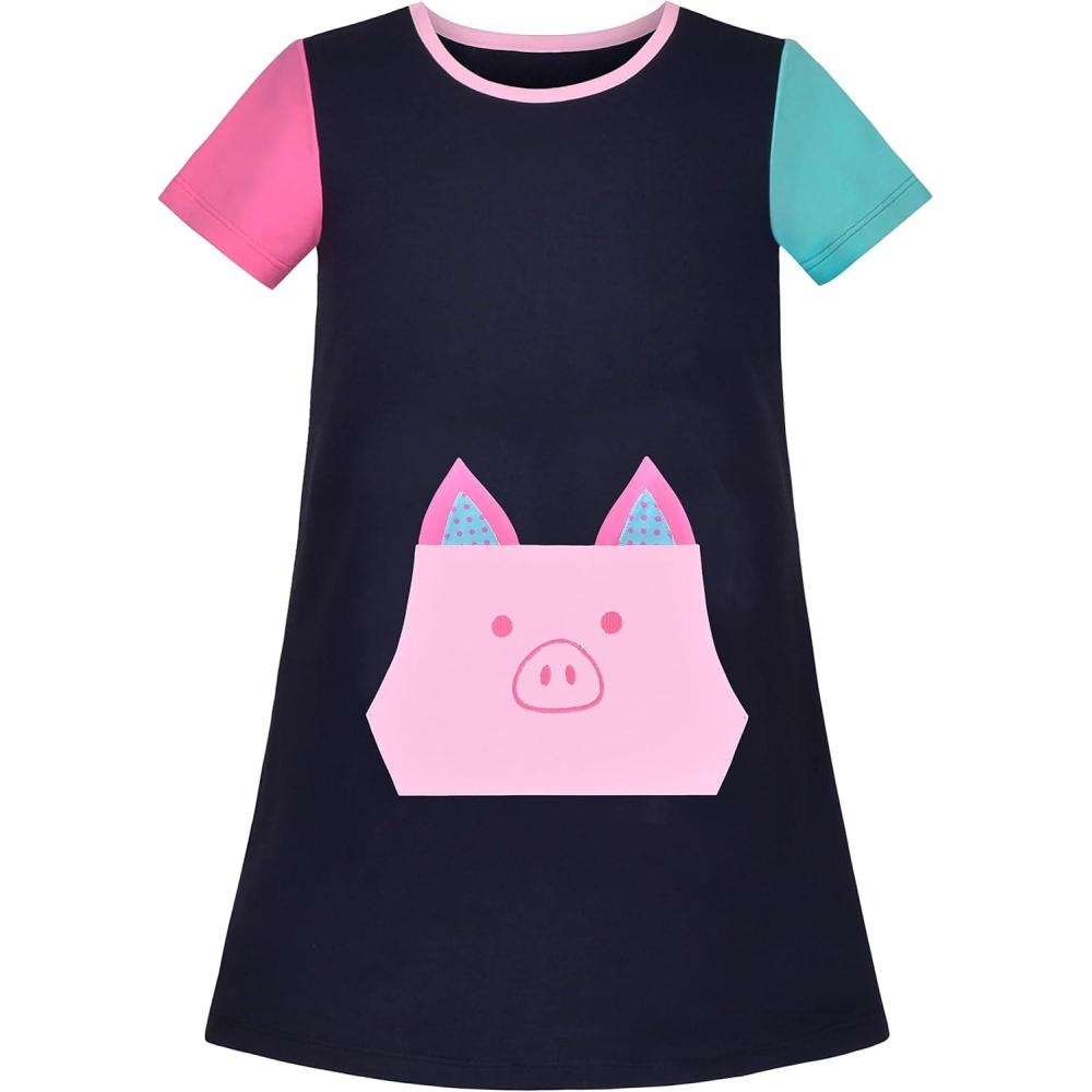 imageSunny Fashion Girls Dress TShirt Cotton Bird Embroidered Short Sleeve Size 26Blue Piggy