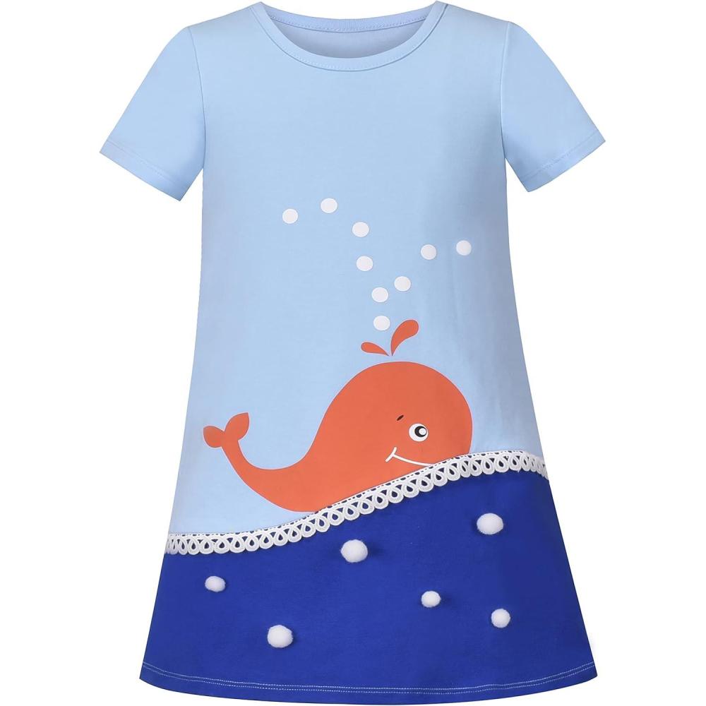 imageSunny Fashion Girls Dress TShirt Cotton Bird Embroidered Short Sleeve Size 26Blue Whale