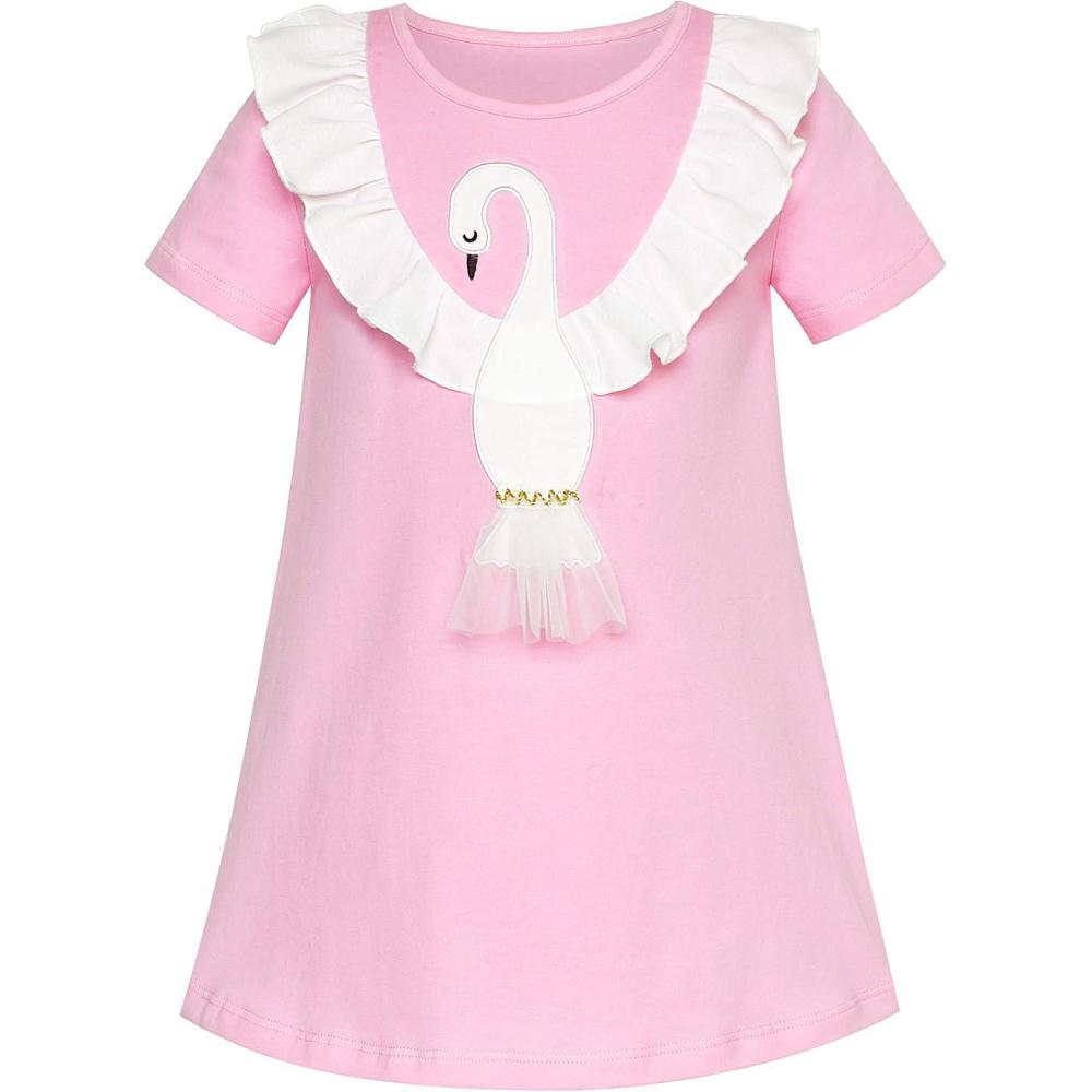 imageSunny Fashion Girls Dress TShirt Cotton Bird Embroidered Short Sleeve Size 26Pink
