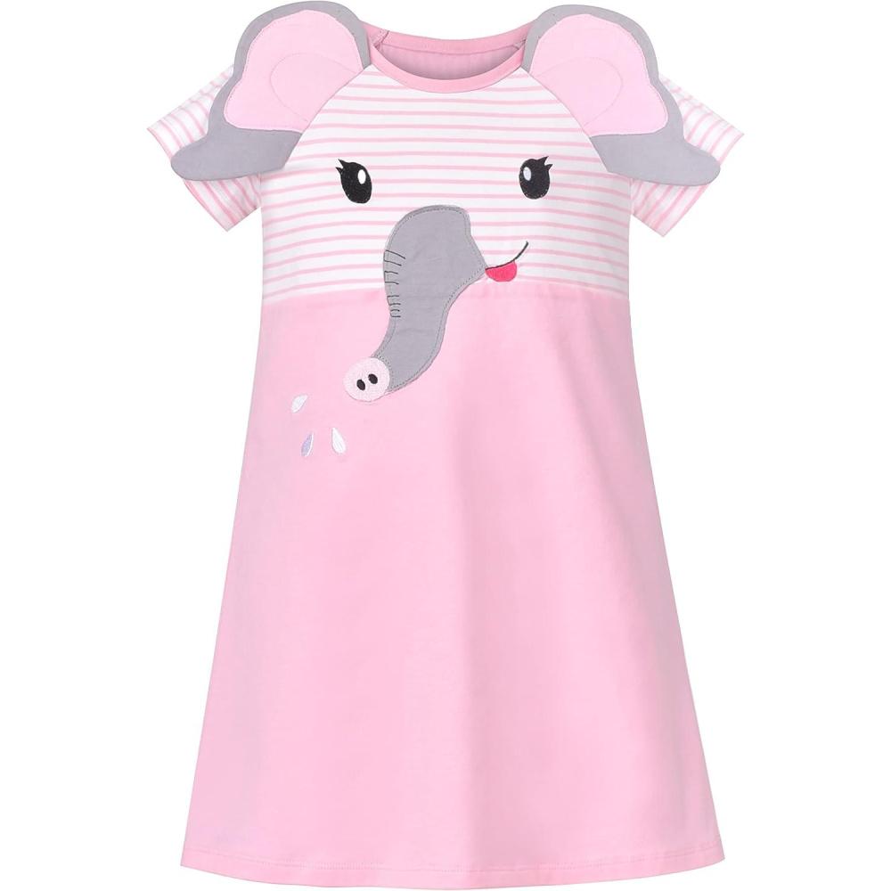 imageSunny Fashion Girls Dress TShirt Cotton Bird Embroidered Short Sleeve Size 26Pink Elephant
