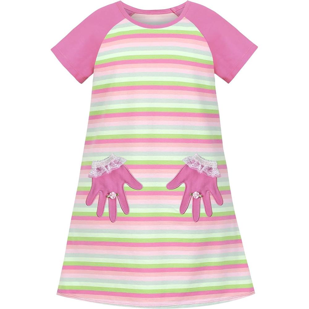 imageSunny Fashion Girls Dress TShirt Cotton Bird Embroidered Short Sleeve Size 26Pink Green Striped