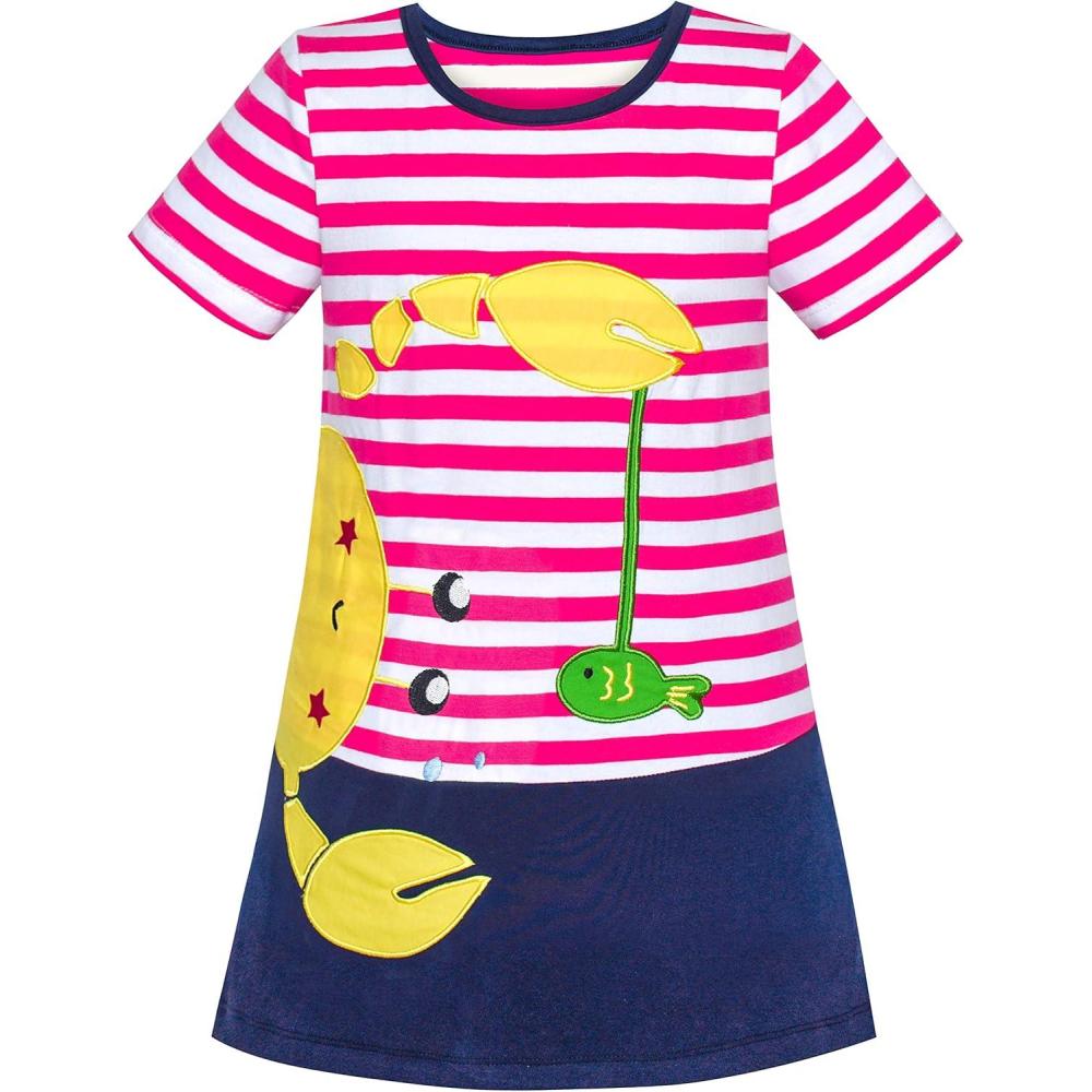 imageSunny Fashion Girls Dress TShirt Cotton Bird Embroidered Short Sleeve Size 26Pink Striped