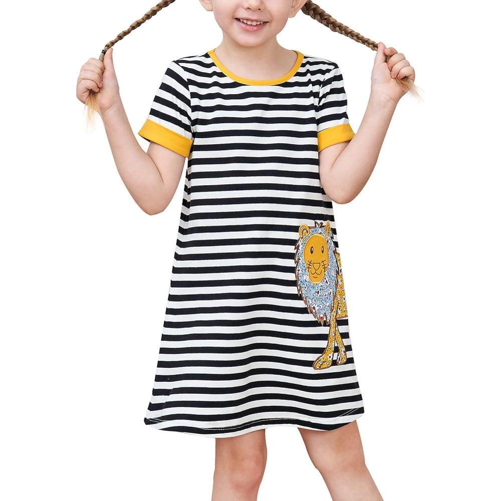 imageSunny Fashion Girls Dress TShirt Cotton Bird Embroidered Short Sleeve Size 26Yellow Lion