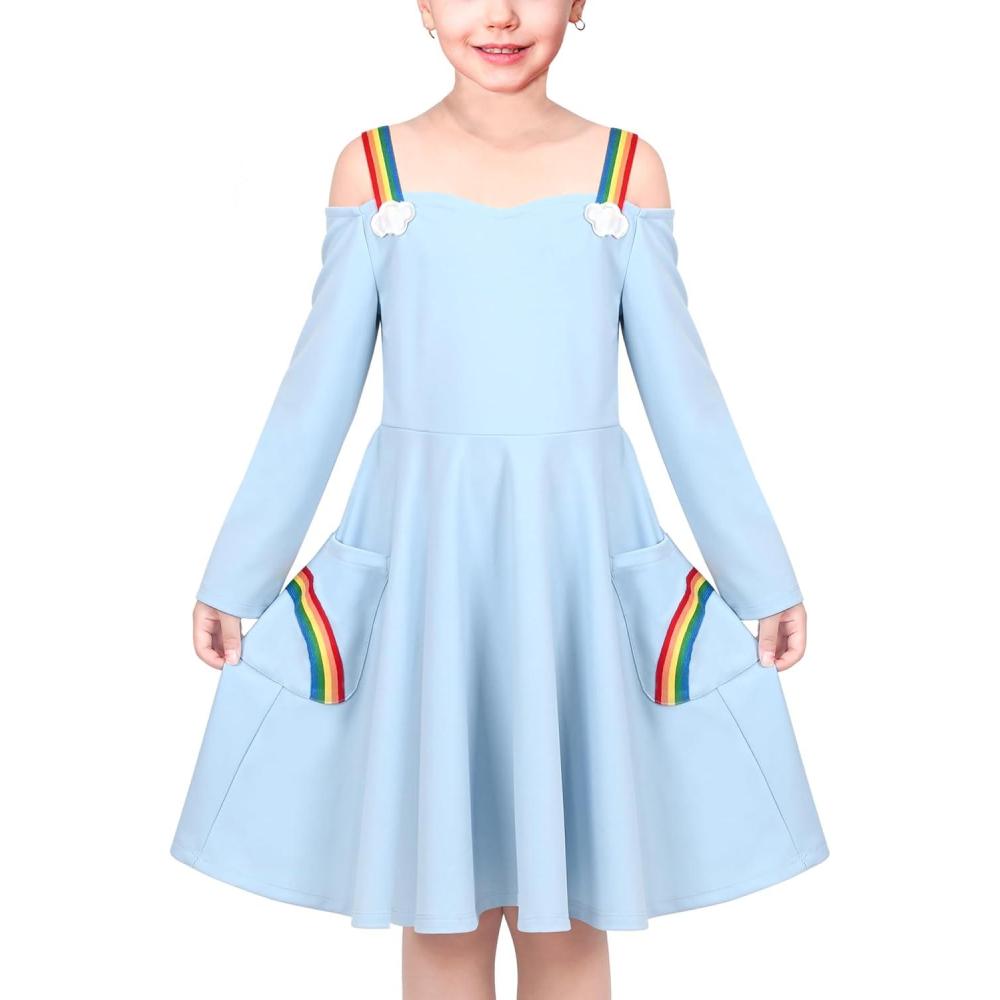 imageSunny Fashion Girls Dress Unicorn Rainbow Long Sleeve Casual Dress Size 38Blue Rainbow Cloud