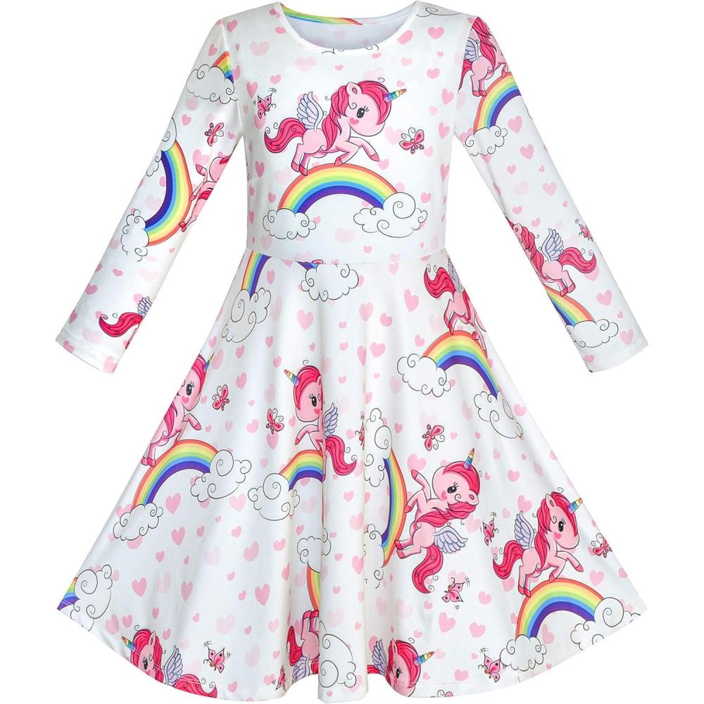 imageSunny Fashion Girls Dress Unicorn Rainbow Long Sleeve Casual Dress Size 38White