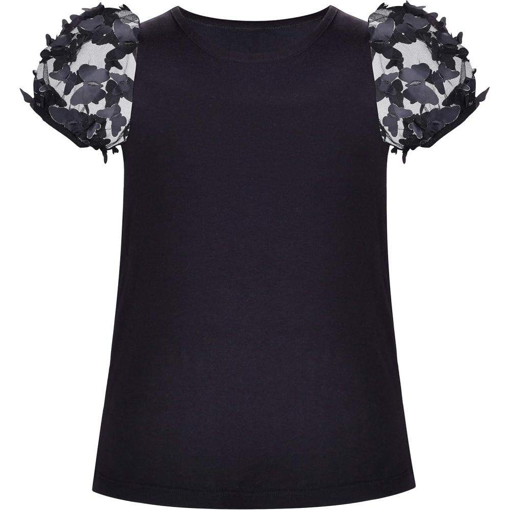imageSunny Fashion Girls Short Sleeve Tee TShirt Butterfly Sleeve Cotton CasualBlack