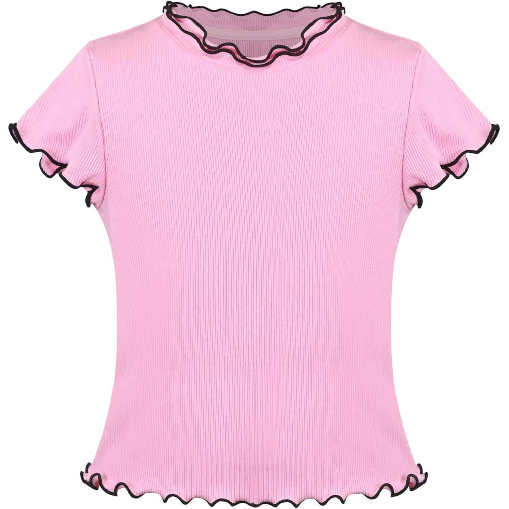 imageSunny Fashion Girls Short Sleeve Tee TShirt Butterfly Sleeve Cotton CasualPink Lettuce Trim