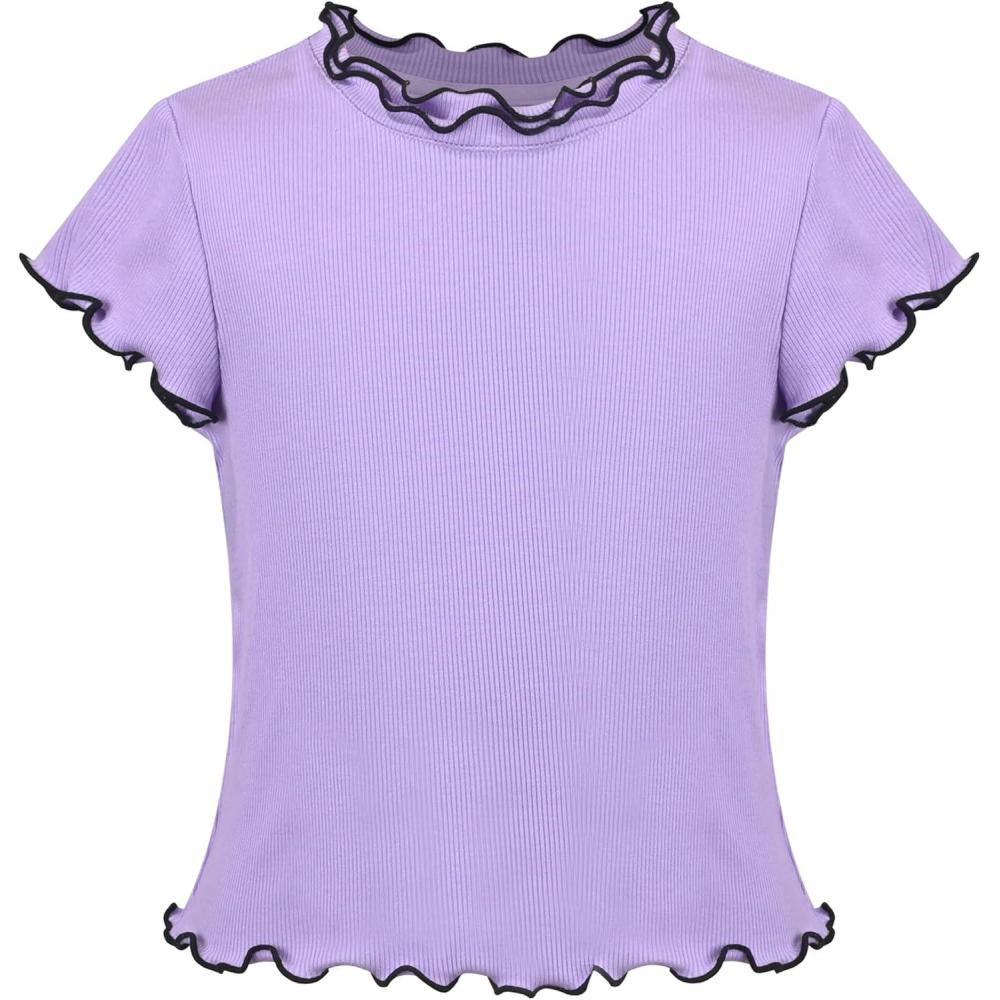 imageSunny Fashion Girls Short Sleeve Tee TShirt Butterfly Sleeve Cotton CasualPurple Lettuce Trim