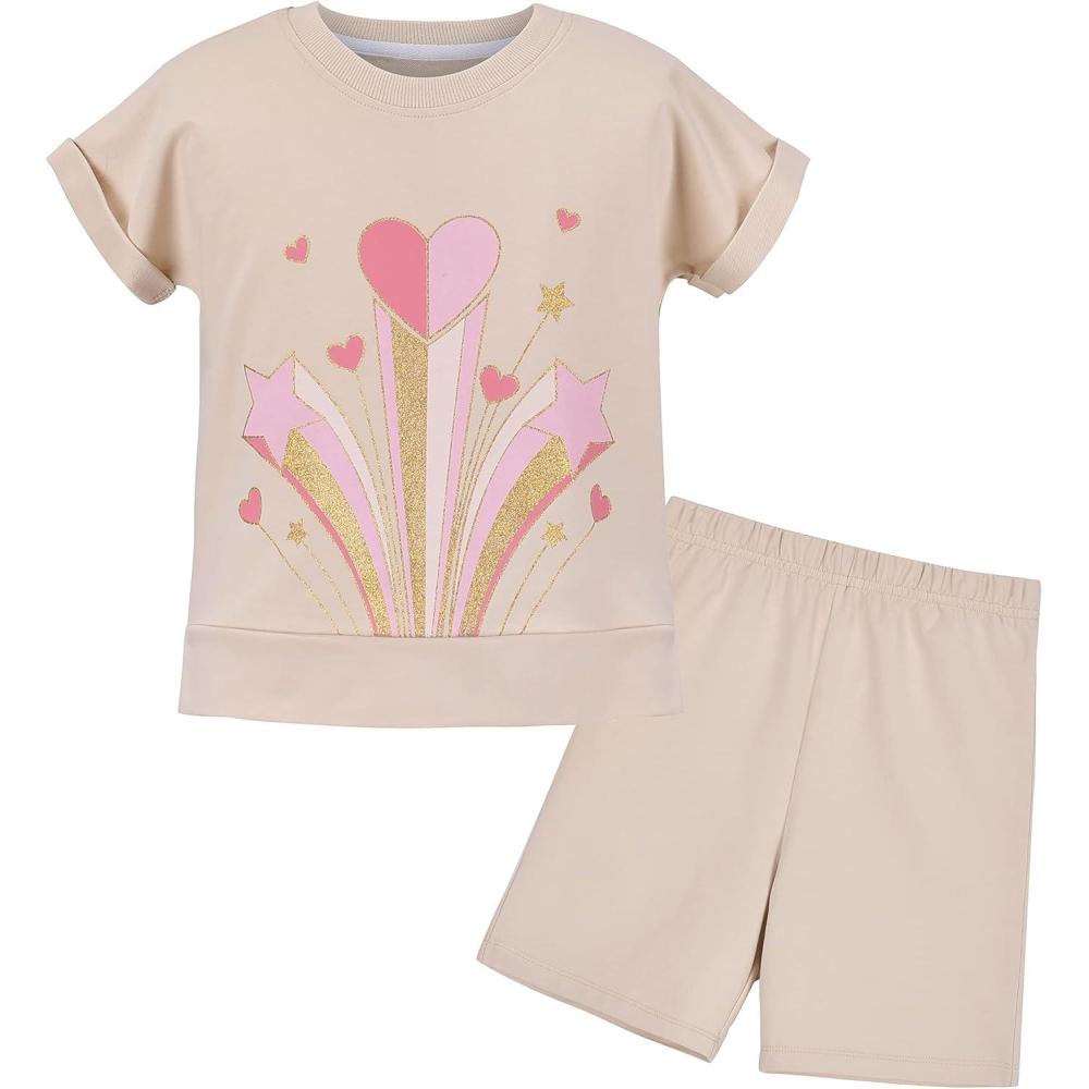 imageSunny Fashion Girls TShirt Top Short Pants Gym Active White Gray HeartBeige