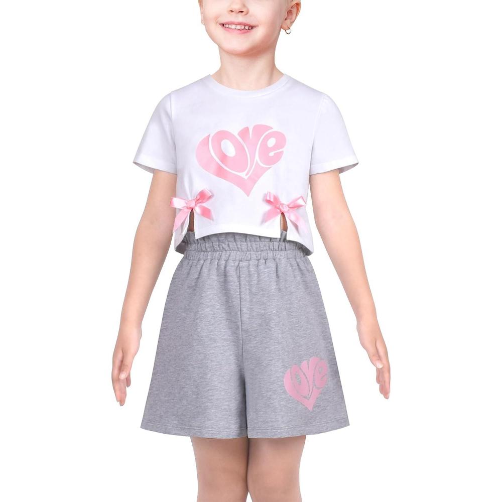 imageSunny Fashion Girls TShirt Top Short Pants Gym Active White Gray HeartGray