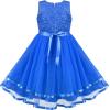 Sunny Fashion Flower Girls Dress Blue Belted Wedding Party Bridesmaid Size 4-12(Cobalt Blue)