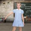Sunny Fashion Girls Dress Beige Short Sleeve Collar Button Front School Uniform(Blue Striped)