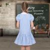Sunny Fashion Girls Dress Beige Short Sleeve Collar Button Front School Uniform(Blue Striped)