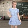 Sunny Fashion Girls Dress Beige Short Sleeve Collar Button Front School Uniform(Blue Striped)